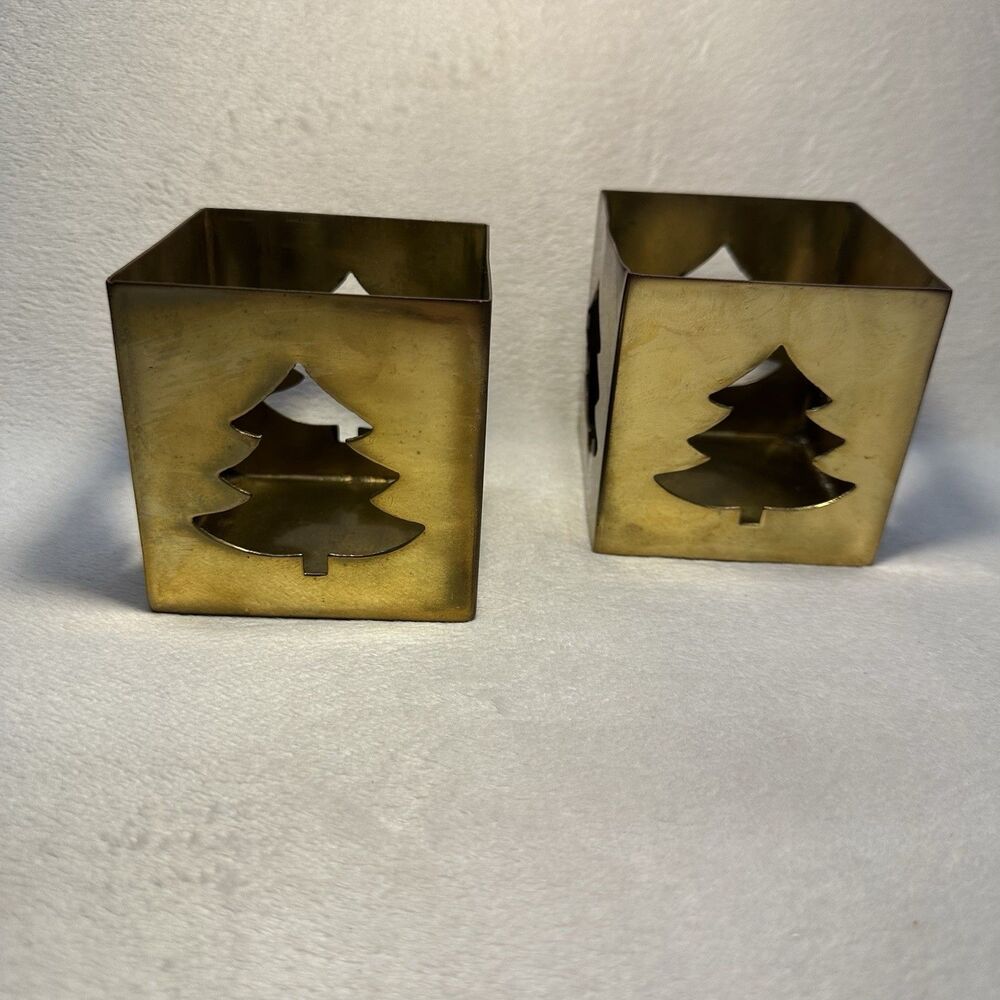 2 Christmas Tree Candle Votives Gold Metal 4side CutOut Patina Holiday 3.5” Cube